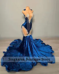 Long Blue Prom -klänningar 2024 Veet Crystals Rhinestones Pärlor Evening Tassels Special Party Gown