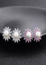 Wholefashion popular luxury classic designer diamond Sun flower pearl S925 sterling silver stud earrings for woman8261375