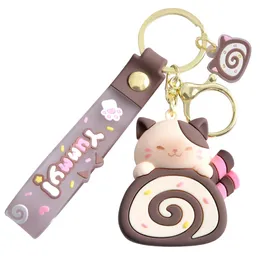 Söt kattkakor Roll Key Chain Kawaii Kitty Keyring Doll Schoolbag Pendant Accessories 240425