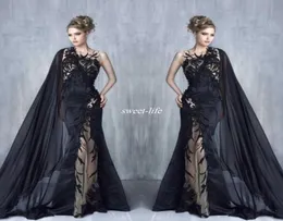 2020 Tony Chaaya Mermaid Velivery Dresses Sexy Black Lace Deliques Prom Downs with Cape Illusion Tulle Hoded Celebique F5465236