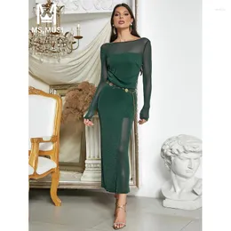 Casual Dresses MSMUSI 2024 Fashion Women Sexy Spets Mesh Draped Fold Long Sleeve Backless BodyCon Party Club Event Maxi Dress Gown With Belt