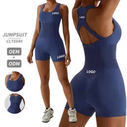 Lu Yoga Bodysuit Women for Women fiess Jumpsuitシームレスなおなかのコントロールボディースーツスパゲッティリブ付きワンピースショートパンツレモンLL