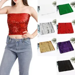 Women's Tanks Women Crop Top Sequin Glitter For Off Shoulder Backless Slim Fit Clubwear Bandeau With Elastic Anti-slip Waist