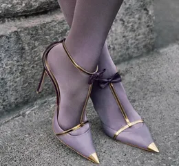 Free shipping 2024 new Ladies leather satin sandals 10CM 8CM high heel pointed toe pillage bowtie SHOES party wedding American Europe gold T-tied buckle big size 32-45
