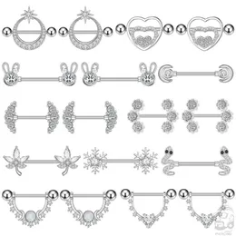 Nippelringar 2st Snake Rabbit Heart Nipple Piercings Kvinnor Nippelringar täcker skivstång bröstsköld kristall stål 14g kropp piercing smycken y240510