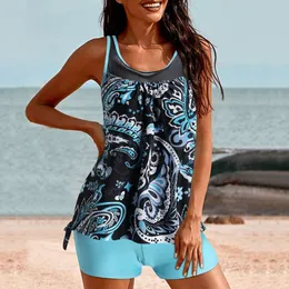 Women's Swimwear 2024 New Digital Printed High Neck Gathering Pleated Tankini Split Swimsuit