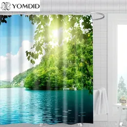 Zasłony prysznicowe Yomdid 1/4pcs Forest Lake Zestaw 3D druk zielone rośliny tropikalne Bath Curtain poliester z haczykami