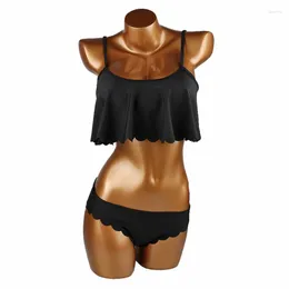 Women's Swimwear PowerPai Sexy Bandage Bikini Set Lotus Leaf Solid Black Female Swimsuit Women Beach Bathing Suit Girls Push Up Padded