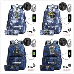 Backpack 2 PCs/LOT Riverdale Side Side Serpents Tela com Lápis Bolsa Escola Bolsa de Lapto de Lapto de ombro USB Sacos Esportivos