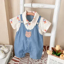 Mode baby jumpsuit söta björnkläder flickor pojkar denim jumpsuit sätter falska två stycken romper spädbarn kläd jumpsuit nyfödd bodysuit