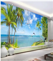 Linda paisagem de paisagem marinha bela pintura Dolphin Bay Mediterrânea Coconut Tree Sala de estar de fundo Wall8035821