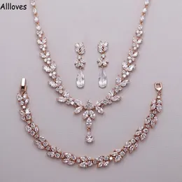 Luksusowe różowe złoto sześcienne z cyrkonią biżuterię ślubną kolczyki łzy srebrne kobiety akcesoria do biżuterii ślubnej Zestawy kolczyki