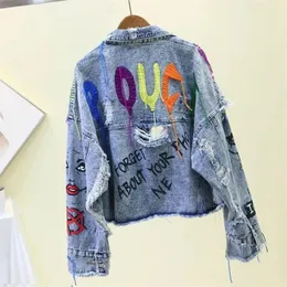 Rivet Beaded Line Tassel Letter Graffiti Print Women Denim Jacket Spring Autumn 2024 Casual Hole Denim Jacket Veste Femme 240510