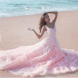 2020 disse que Mhamad A-Line Pink Wedding Vestres Organza allover renda Applique Detalhe com decote de colher e vestidos de noiva com zíper traseiro 273k