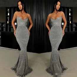 Sparkly Silver Grey paljetter Prom Dresses Long Mermaid With Spaghetti Straps 2019 Custom Made Plus Size Evening Formal Wear Party Gowns 224K