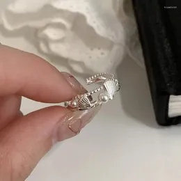 Clusterringe Ventfille 925 Sterling Silve Shell Ring für Frauen Girl Perle Aushöhlung Doppelschicht verstellbarer Schmuck Geschenk Tropfen