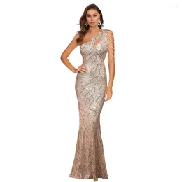 Party Dresses YIDINGZS Elegant One Shoulder Gold Sequin Dress Women Beading Long Maxi