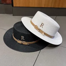 Internet Celebrity Rhinestone Logo Straw Hat For Womens Summer Beach Sun Hatt Straw Woven Sun Hat French Belt Top Hat 240430