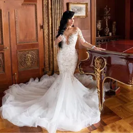 Ilusão Mangas compridas Vestidos de noiva Sereia com Lace Garden Bride Bridal GOWNS Custom Made Plus Size 256k