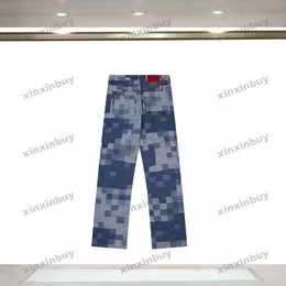 xinxinbuy men women designer pant paris mosaic letter jacquard fabric denim shumpar Summary pantsブラックブルーグリーンレッドM-4xl