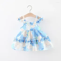 Flickaklänningar Girls 'Lolita klänning Sommar barnkläder 2024 Han fengyun blommig off-the-shoulder halter prinsessa barn