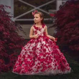 Adorável 3D Apliques Little Girls Pageant Dresses Vestido Ball Flower Girl Dress para Jeia de Casamento Pescoço Tulle Primeira Comunhão Vestidos 269h