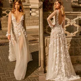 2020 Herbst Berta Hochzeitskleid Sheer Long Sleeve Tropping V Hals Brautkleider Sexy Illusion 3D Applique Rückenfreies Boho Hochzeitskleid 349n