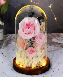 Valentine Mother Day Wedding Regalo conservato Fiori immortali di rosa in cupola di vetro con fiori della lampada Decorazione per la casa Q08123733939