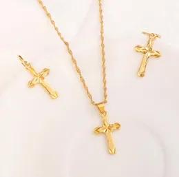 Earrings Necklace 18 K Yellow Fine Gold Filled Cross Pendantchain Set Small Mini Tax Stamp Christian Jewelry Sets Women Girl Jes7261291