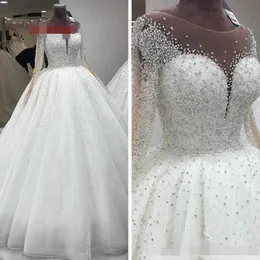 2022 lussuosi abiti da sposa in cristallo in rilievo Principessa con maniche lunghe illuse in tulle bianca Schermata Scolla vuota Abito da ballo 227G