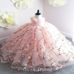 Pink Flower Girl Sukienki 2019 3D Floral Princess Małe dziewczynki przyjęcie urodzinowe Formalne suknie Sweet Train Vestidos Primera Comunion para Ni 255z
