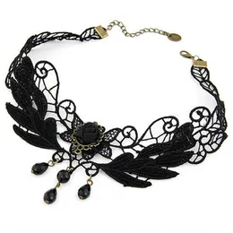 1PC Gothic Jewelry False Collar Statement Necklace Womens Style Black Fabric Rose Flower Beads Pendant Choker Lace 240429