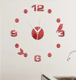 Watch Wall Clock Kreative Wandaufkleber Spiegelaufkleber 3D Stereoskopische digitale Uhr Vogelblätter5273978