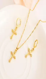 Bright 18 k fine solid gold GF small cross Pendant chain Earrings sets Christian Jesus bridal Gifts handsome Young7826484