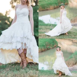 2019 Country Western High Low Wedding Dressesレースの恋人レースアップバックAラインティアードカスタムメイドのブライダルガウンプラスサイズ中国EN518 241U