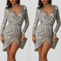 2020 sexy V Neck Pailletten volle Ärmel Cocktailkleider Mini Frauen Nacht Club Split gemeinsam Kleid formale Party Abendkleid 326k