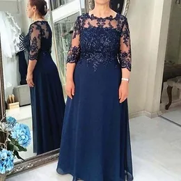 2021 Dark Navy Mother of the Bride Dress for Wedding Party Lace Chiffon 3 4 ärmar Plus Size Mother of the Groom Suits Evening Clows 2339