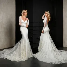 Bien versierte Brautkleider 2018 Meerjungfrau Hochzeitskleid Voller Spitze appliziert Rückenfreier Strand Langarmes Hochzeitskleider Vestido de Novia 277w