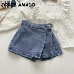 Shorts Korean Style New Summer Kids Girl Shorts Solid Color Elastic Waist Button Soft Denim Culotte Children Versatile Clothing H5515 d240510