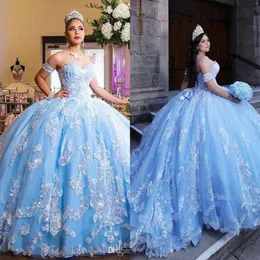 Sky Mavisi Çıkarılabilir Kollu Prom Quinceanera Elbiseler Ucuz Balo Kıyafetleri 2023 Straplez korse arka dantel aplike katmanlı etek tül Tatlı 248n