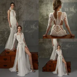 Lior Charchy Bohémien Abiti da sposa Appliques Leci Side perle splitte abito da sposa in spiaggia un abito a maniche lunghe De Mariee Boho Style 271R