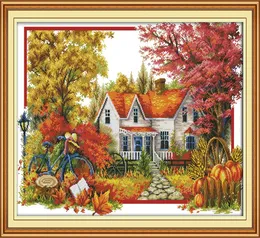 秋の家の景色の家の装飾絵画ハンドメイドクロスステッチ刺繍ニードルワークセットキャンバスDMC 14CT 17967893でカウントされた印刷