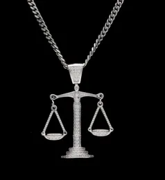 WholeIced Out Zircon Balance Libra Scale Pendant Bling Charm White Gold Copper Material Mens Hip hop Pendant Necklace Chain5381198