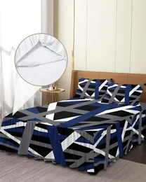 Sängkjol Blue Grey Geometric Lines Abstrakt Elastisk utrustad sängflykt med kuddväskor Madrass Cover Bedding Set Sheet