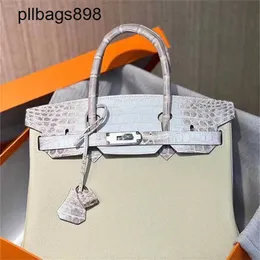 Brknns Handbag Genuine Leather 7A Handswen Touch Milk White with Himalayan White Crocodile Button 30CMM9T2