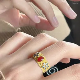 Cluster Rings Ventfille 925 Sterling Silve Flower Red Agate Ring for Women Girl Gift Weave Texture Ethnic Banket Smycken Drop