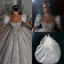 Dubai Luxurious Arabic Ball Gown Wedding Dresses Cap Sleeve Off Shoulder Beadings Crystals Sparkle Sequins Puffy Ruched Bridal Gowns Custom Made BC18822 s