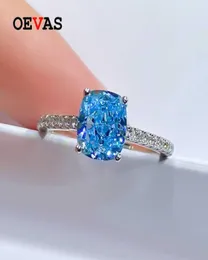 OEVAS 100 925 Sterling Silver 6575mm Aquamarine Wedding Rings For Women Sparkling High Carbon Diamond Party Fine Jewelry3058627