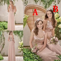 2020 Sexig Rose Gold Sequined Bridesmaid Dresses Long Chiffon Halter A Line Straps Ruffles Blush Pink Maid of Honor Wedding Guest Dresse 276e
