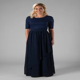 2019 LACE azul marinho Chiffon Long modest Modest Damaid vestidos com 1 2 mangas Jóia Jóia do pescoço Templo Modest Maid of Honor Dress 2619